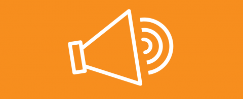 Orange background with white speaker icon